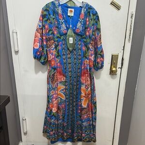 FARM Rio Stitched Garden Blue Midi Dress Small NWT